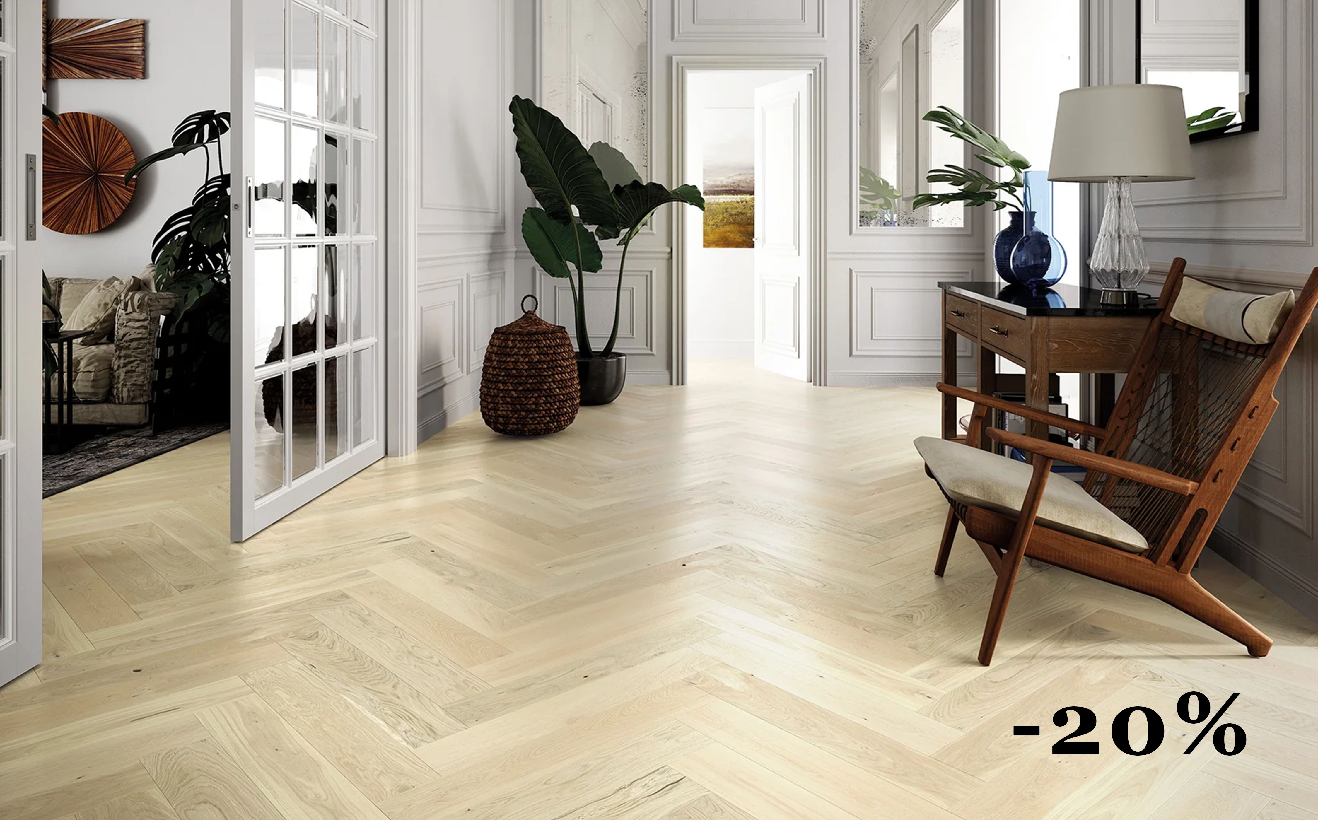 Drevená podlaha - Dub Bianco Herringbone 130 